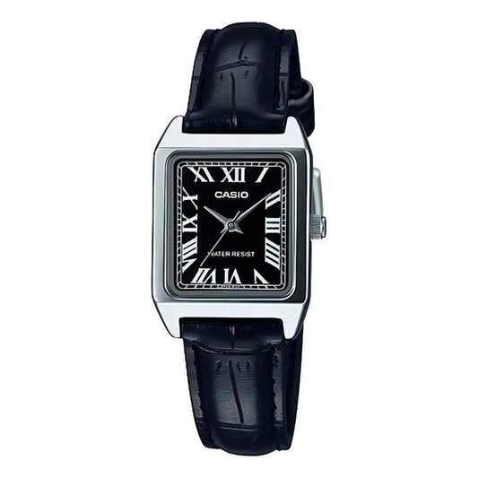 Reloj Casio Dama Correa Piel Genuina Ltp-v007l-1bu Negro Plateado