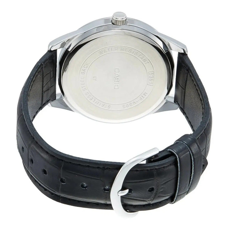 Reloj Pulsera Casio Mtp-v002l-1bu Con Correa De Cuero Color Negro - Bisel Plateado