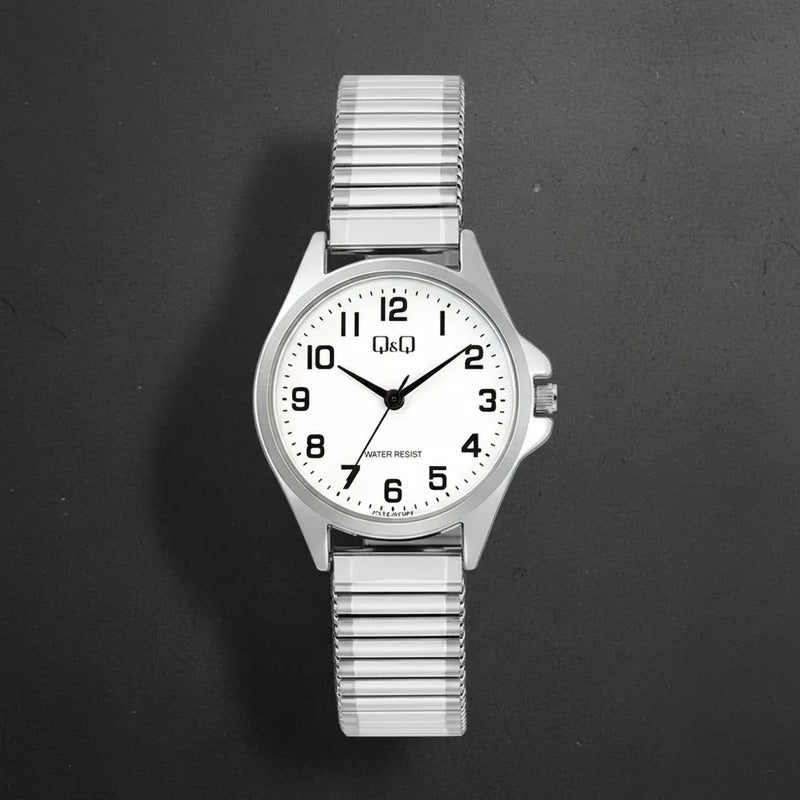 Reloj De Mujer Pulsera Elasticada Qyq C37a-023py Plateado Blanco