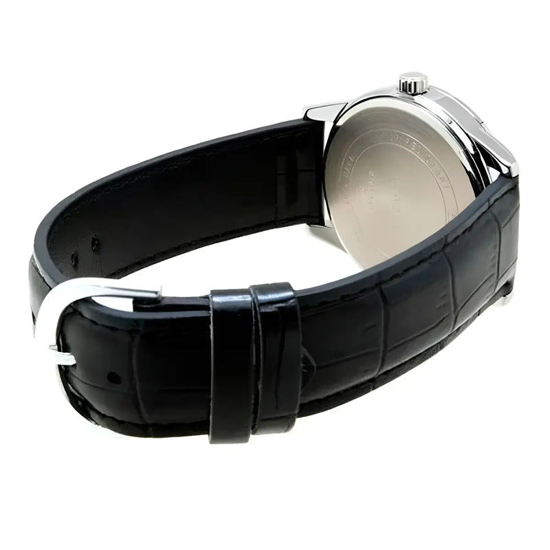 Reloj Pulsera Casio Mtp-v001l-1bu Con Correa De Cuero Color Negro - Bisel Plateado
