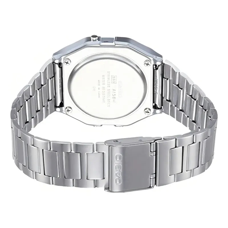 Reloj Retro Casio A158wa-1 Relojesymas Correa Plateado Bisel Plateado Fondo Gris