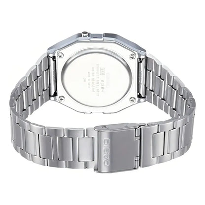 Reloj Retro Casio A158wa-1 Relojesymas Correa Plateado Bisel Plateado Fondo Gris