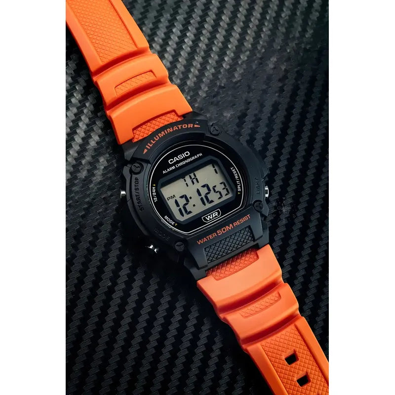 Reloj Casio W-219h-4a Naranja Wr 50m Cronometro Alarma Sumergible Negro