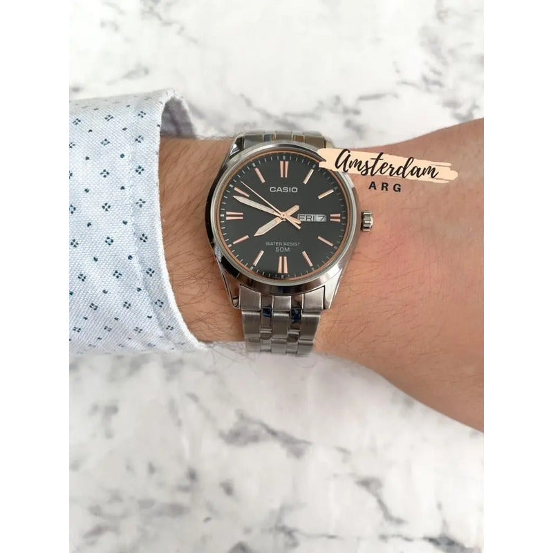 Reloj Casio Mtp-1335d De Acero Inoxidable Para Hombre Con Fondo Negro Y Rosé Plateado Negro Con Rosé