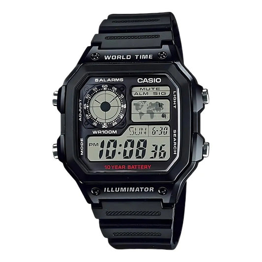 Reloj Pulsera Digital Casio Ae-1200wh-1a Con Correa De Resina Color Negro - Fondo Gris