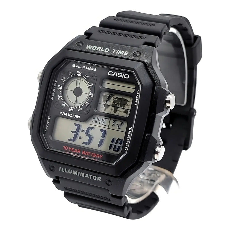 Reloj Pulsera Digital Casio Ae-1200wh-1a Con Correa De Resina Color Negro - Fondo Gris