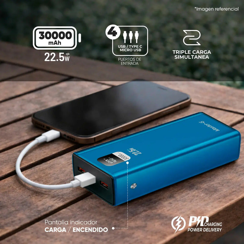 Cargador Portatil Bateria Power Bank Master-g 30000mah 22.5w Color Azul