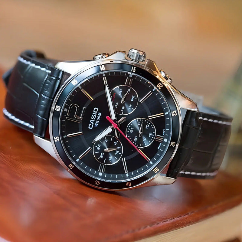 Reloj Casio Mtp-1374l-1a Hombre Multifuncion Acero Cuero 50m Wr Negro