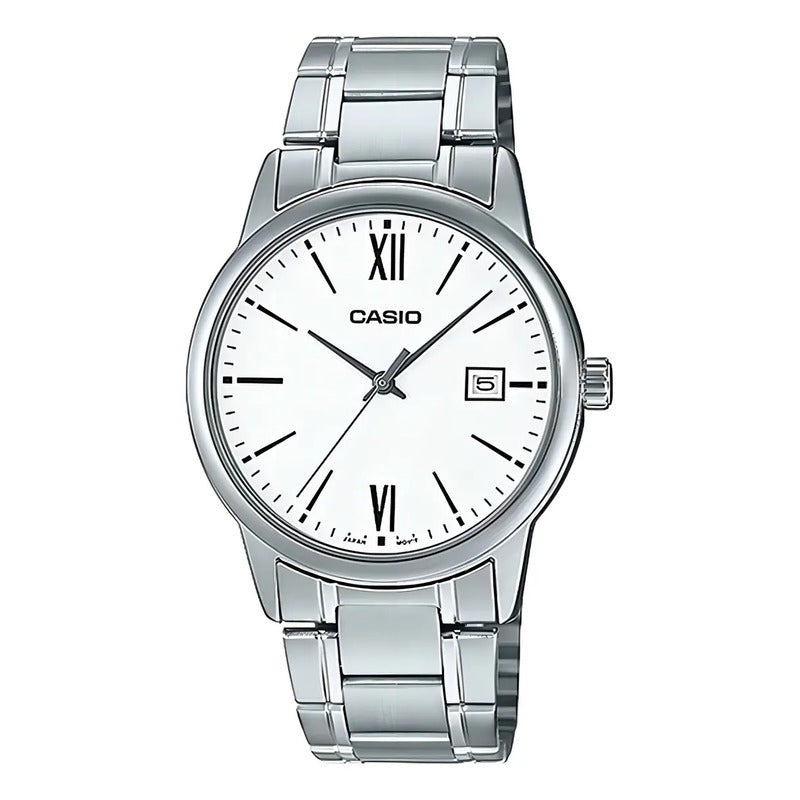 Reloj Pulsera Casio Mtp-v002d-1b3ud Con Correa De Acero Inoxidable Color Gris - Fondo Negro