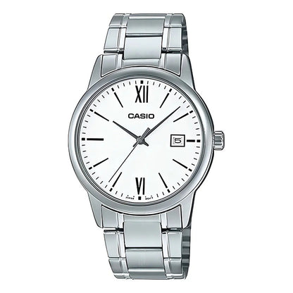Reloj Pulsera Casio Mtp-v002d-1b3ud Con Correa De Acero Inoxidable Color Gris - Fondo Negro