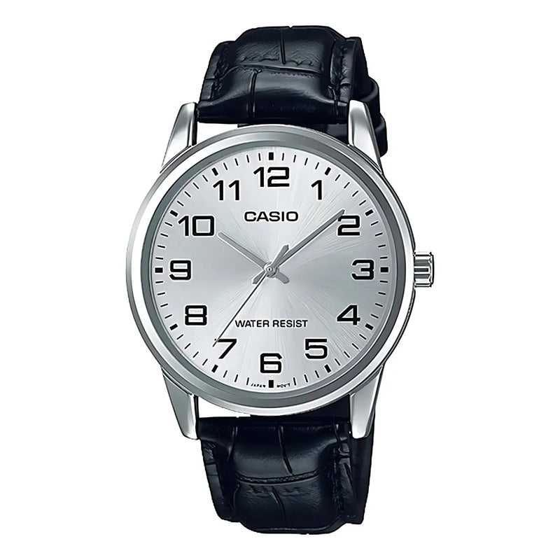 Reloj Pulsera Casio Mtp-v001l-7bu Con Correa De Cuero Color Negro - Fondo Plateado