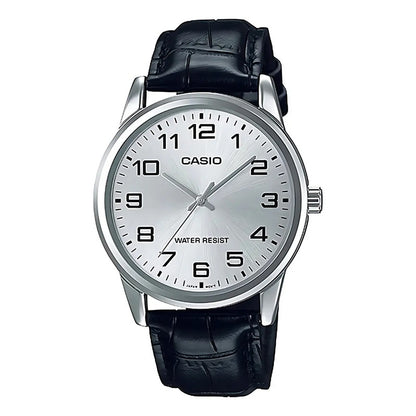 Reloj Pulsera Casio Mtp-v001l-7bu Con Correa De Cuero Color Negro - Fondo Plateado