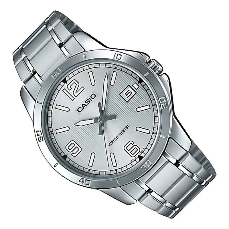 Reloj Pulsera Casio Mtp-v004d-7b2 Con Correa De Acero Inoxidable Color Plateado - Fondo Gris