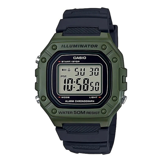Reloj De Pulsera Casio Youth W-218h-3a, Digital, Para Hombre, Fondo Gris, Con Correa De Resina Color Negro, Dial Negro, Minutero/segundero Negro, Bisel Color Verde, Luz Ámbar Y Hebi