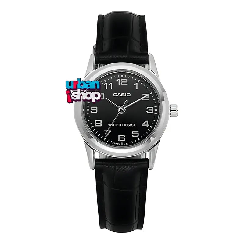Reloj Casio Dama Ltp-v001l-1b, Caja De Acero,correa De Cuero Negro Plateado Negro Con Números