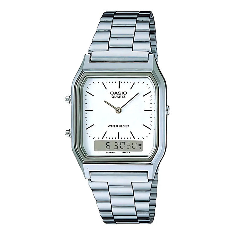 Reloj Casio Hombre Aq-230a-7d Wr Agente Oficial Caba Plateado Blanco