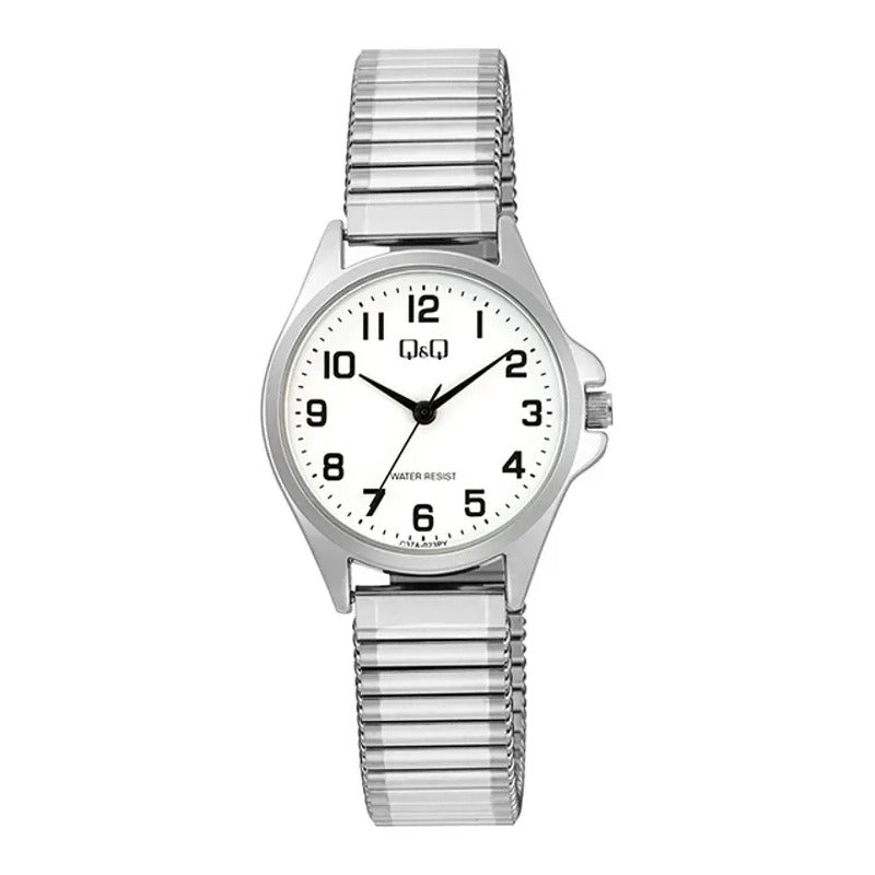 Reloj De Mujer Pulsera Elasticada Qyq C37a-023py Plateado Blanco