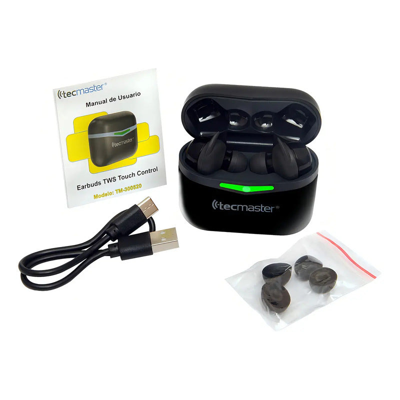Audífonos Inalámbricos Tws Tecmaster Tm-300520 Negro Con Estuche De Carga