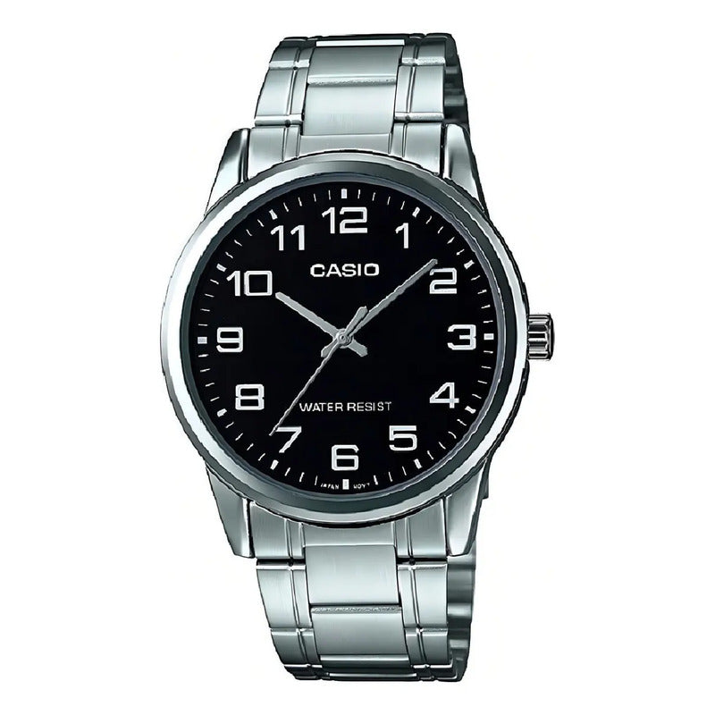 Reloj Pulsera Casio Mtp-v001d-1budf Con Correa De Acero Inoxidable Color Plateado - Fondo Negro