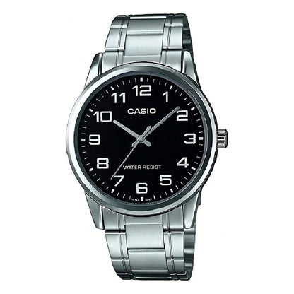 Reloj Pulsera Casio Mtp-v001d-1budf Con Correa De Acero Inoxidable Color Plateado - Fondo Negro