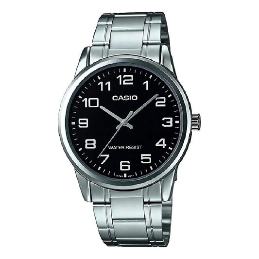 Reloj Pulsera Casio Mtp-v001d-1budf Con Correa De Acero Inoxidable Color Plateado - Fondo Negro