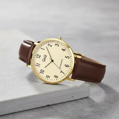 Reloj Qq Para Hombre Pulsera De Cuero, Color Marrón C43a-004 Marrón Dorado Crema