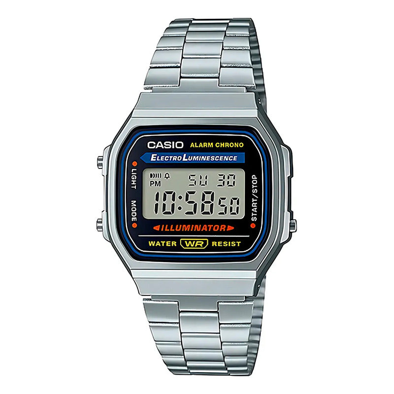 Reloj Pulsera Digital Casio A168wa-1 Con Correa De Acero Inoxidable Color Plateado - Fondo Gris/negro/azul