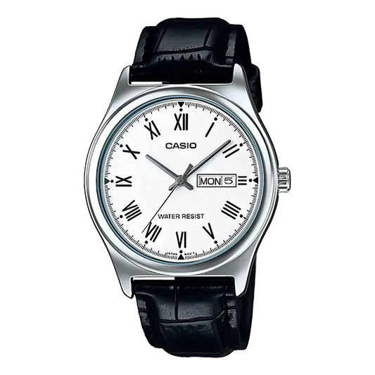 Reloj Casio Clásico De Cuero Para Hombre (números Romanos) Con Correa Negra Negro Plata Blanco