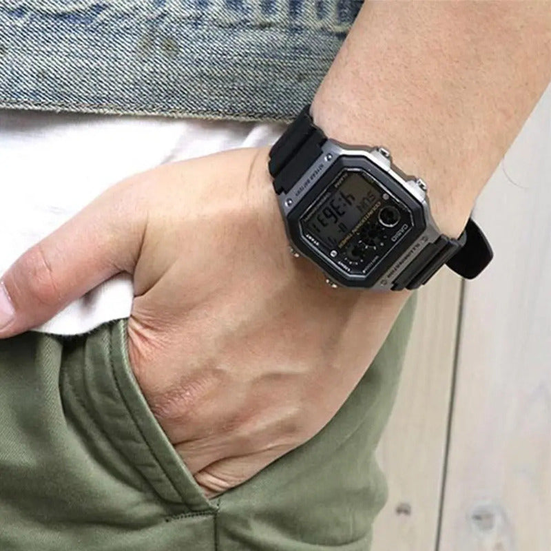Reloj Casio Ae1300 29 Zonas Horarias 9 Temporizadores Correa Gris Oscuro Bisel Rojo/negro Fondo Negro