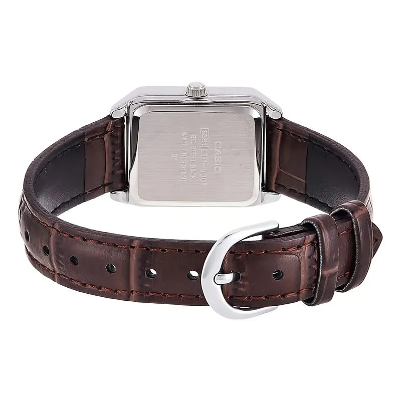 Reloj Casio Dama Modelo Ltp-v007l-7e2 Piel Café Carátula Blanca Plateado Blanco