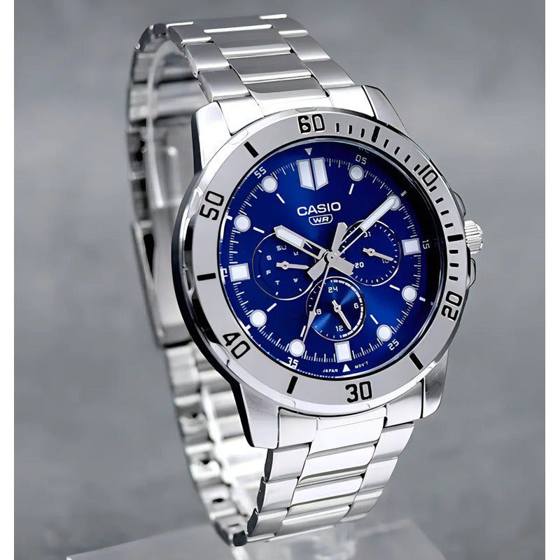 Reloj Casio Mtp-vd300d De Hombre, Con Cronógrafo Y Fondo Azul Plateado