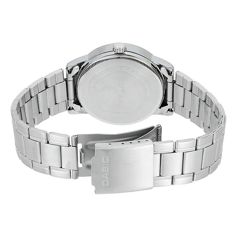 Reloj Pulsera Casio Mtp-v002d-1b3ud Con Correa De Acero Inoxidable Color Gris - Fondo Negro