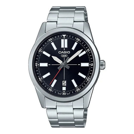 Reloj Pulsera Casio Mtp-vd02d-1eudf Con Correa De Acero Inoxidable Color Plata - Fondo Negro