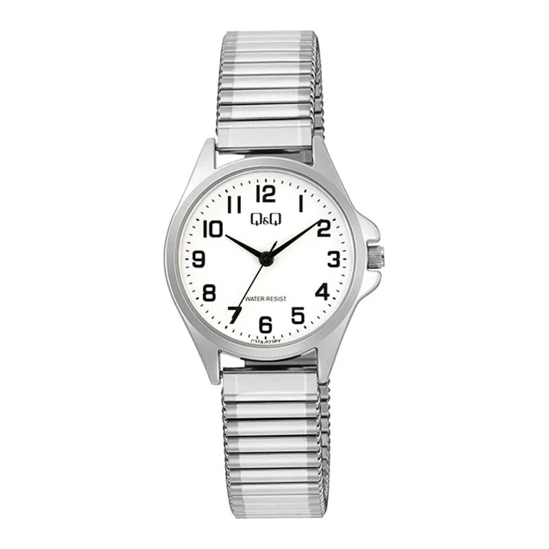 Reloj De Mujer Pulsera Elasticada Qyq C37a-023py Plateado Blanco