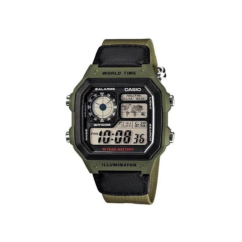 Reloj Casio Digital Ae-1200whb Malla Verde Bisel Verde Fondo Negro