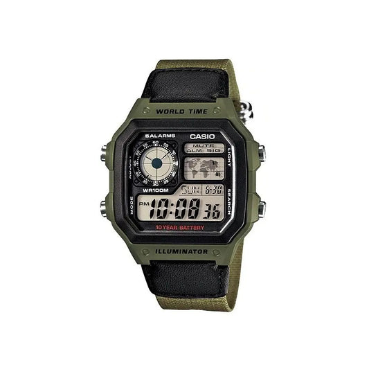 Reloj Casio Digital Ae-1200whb Malla Verde Bisel Verde Fondo Negro