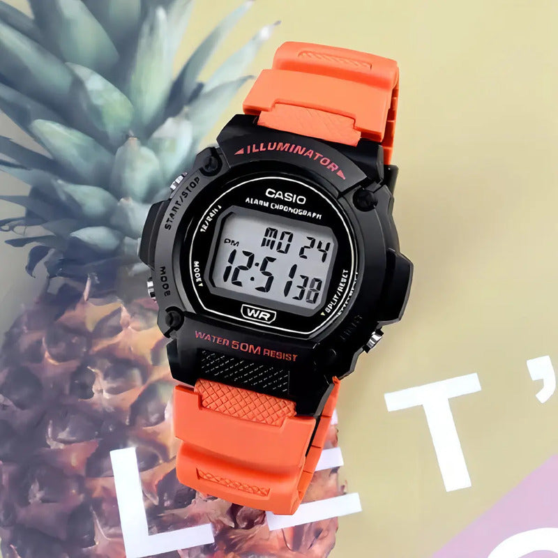 Reloj Casio W-219h-4a Naranja Wr 50m Cronometro Alarma Sumergible Negro