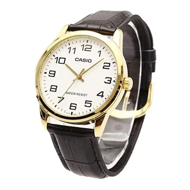 Reloj Pulsera Casio Mtp-v001l-1bu Con Correa De Cuero Color Negro - Bisel Plateado