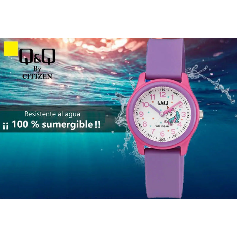 Reloj Q&q Niña Unicornio Números Y Manecillas Morado Rosa Blanco