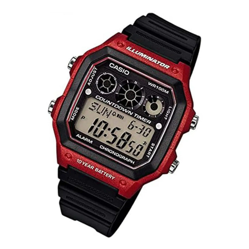 Reloj Pulsera Digital Casio Ae-1300wh-4a Con Correa De Resina Color Negro - Bisel Rojo/negro