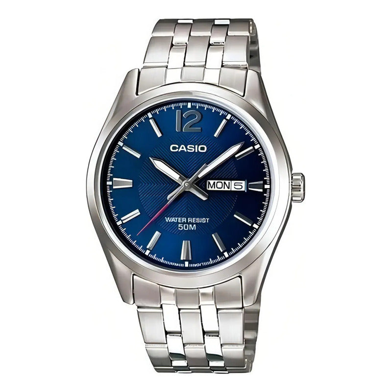 Reloj Casio Mtp-1335d Para Hombre Con Correa De Acero Plateado Y Fondo Azul