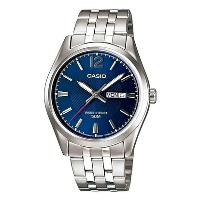 Reloj Casio Mtp-1335d Para Hombre Con Correa De Acero Plateado Y Fondo Azul
