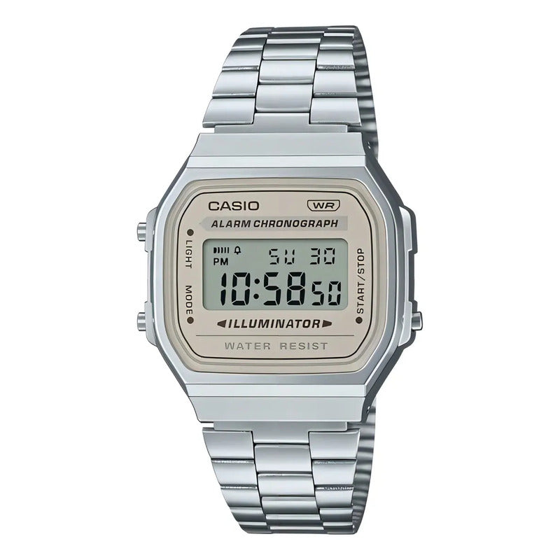 Reloj Casio Vintage A-168 Digital Con Malla Y Bisel Plateados Plateado 8a