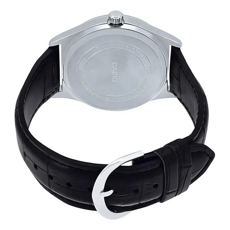 Reloj Pulsera Casio Mtp-v001l-7bu Con Correa De Cuero Color Negro - Fondo Plateado