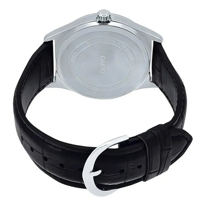 Reloj Pulsera Casio Mtp-v001l-7bu Con Correa De Cuero Color Negro - Fondo Plateado