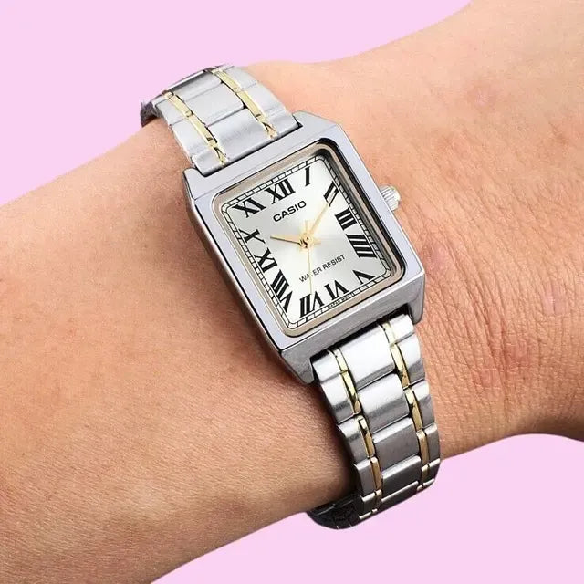 Reloj Casio Dama Ltp-v007sg-9b Acero Combinado Numeros Romanos Plata Beige