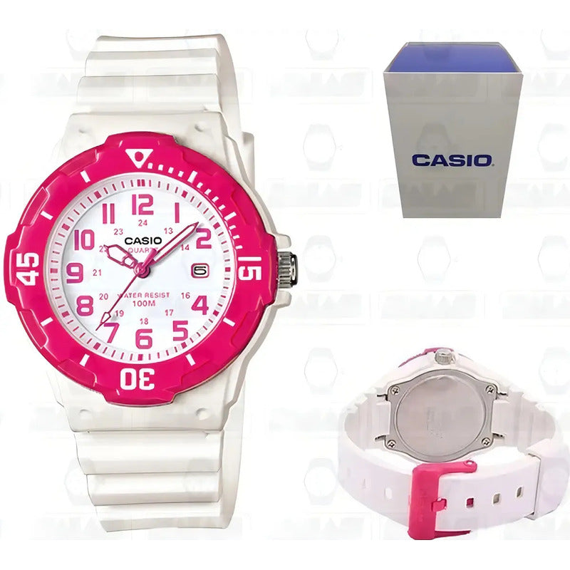 Reloj Casio Analógico Para Mujer Lrw-200h-4bv Blanco Con Detalles Fucsia