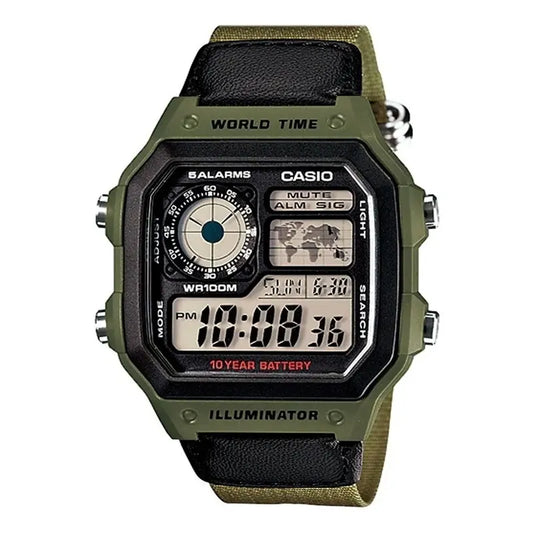 Reloj Pulsera Digital Casio Ae-1200whb-3b Con Correa De Tela Color Negro/verde - Fondo Negro