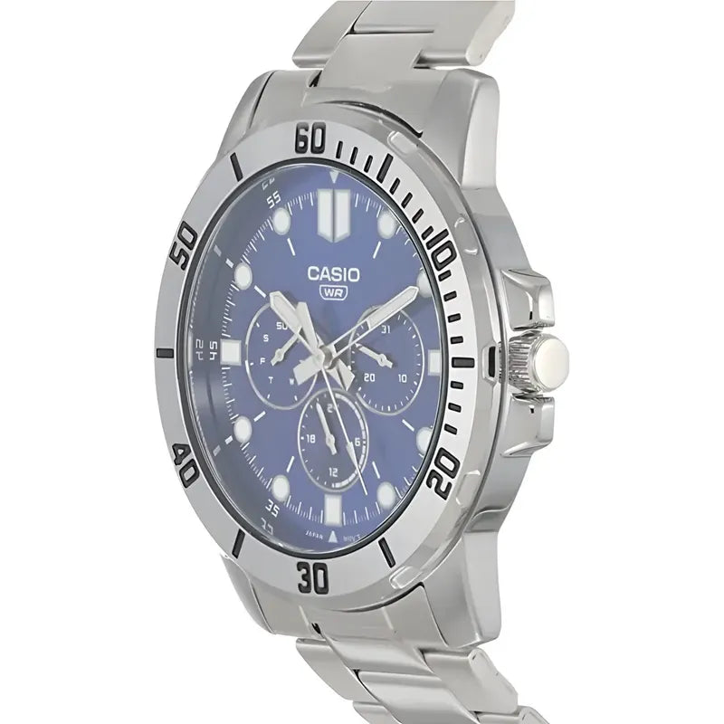 Reloj Casio Mtp-vd300d De Hombre, Con Cronógrafo Y Fondo Azul Plateado