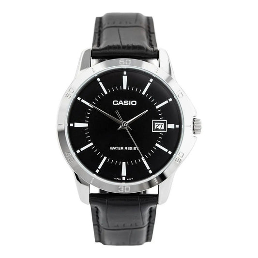 Reloj Pulsera Casio Mtp-v004l-1a Con Correa De Cuero Color Negro - Bisel Plata